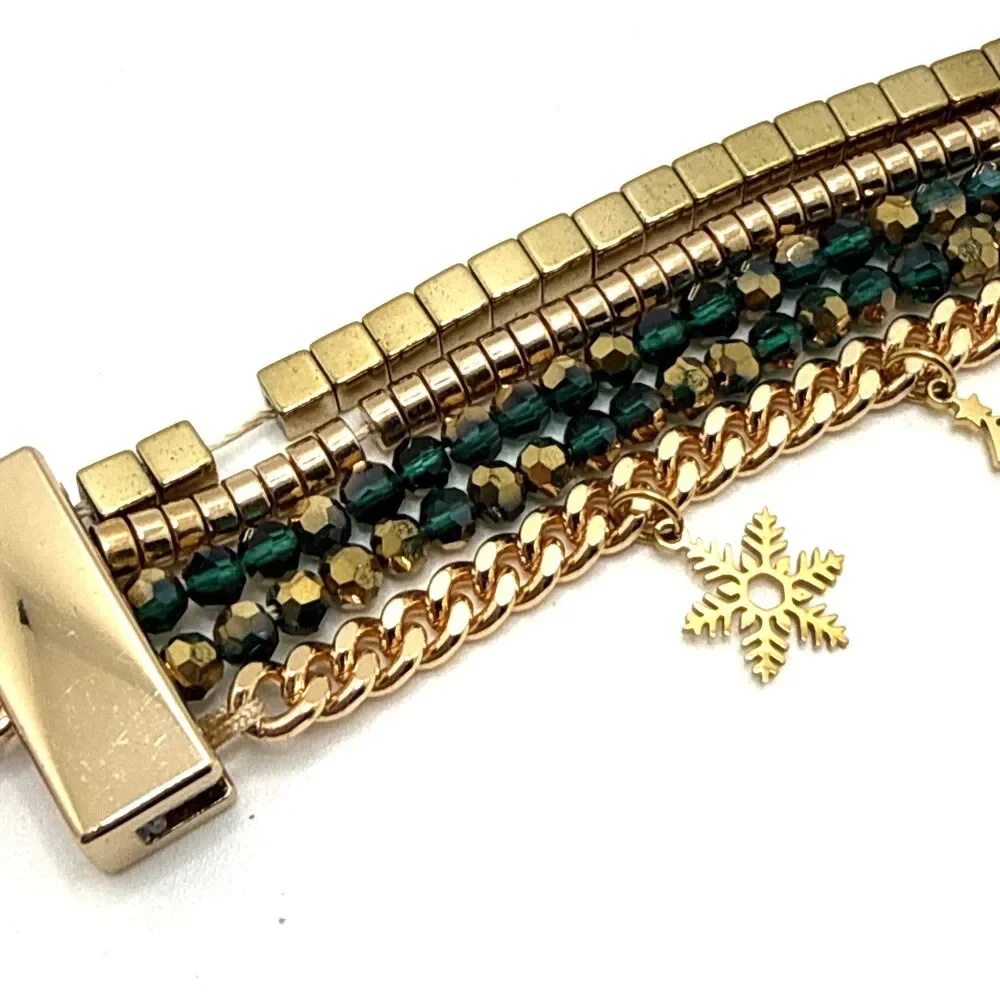 Victoria Emerson Multi Strand Bracelet Green Bead Christmas Tree Star Charms 7.5
